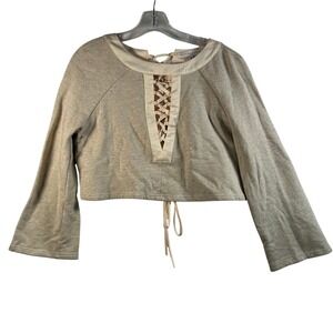 Endless Rose Beige Ribbed Bell Sleeve Lace Up Front Cropped Sweatshirt Top M